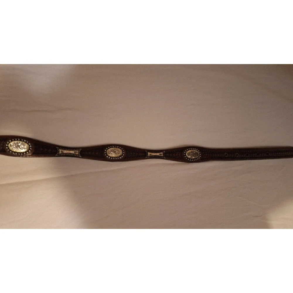 VINTAGE WESTERN LEATHER CONCHO BELT BROWN TOOLED BRAIDED SILVER Sz 28